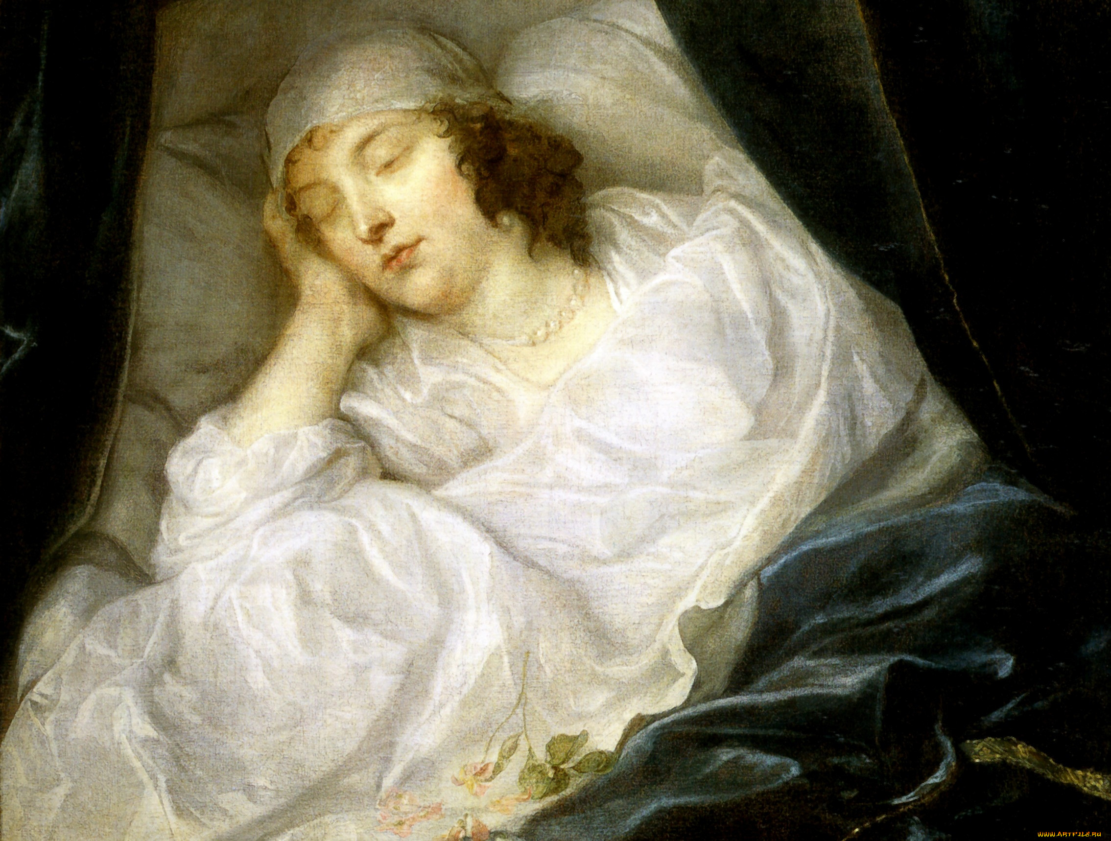 antoine van dyck - venetia,  lady digby,  sur son lit de mort  huile sur toile, рисованное, antoine van dyck, женщина, шторы, постель